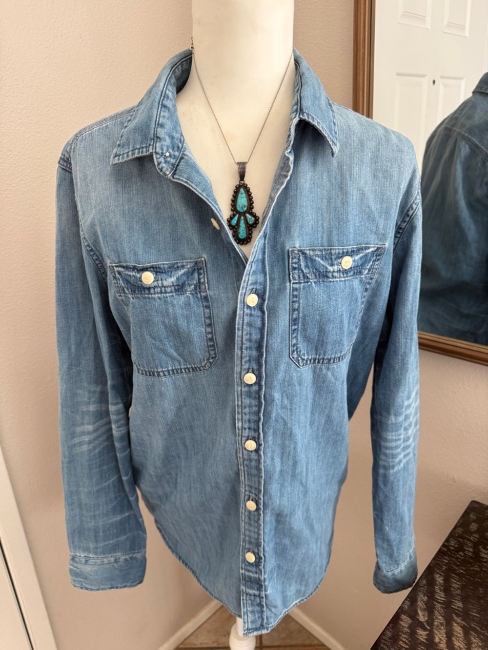 American Eagle Outfitters Light Blue Denim Button-Down Oversized Casual Shirt